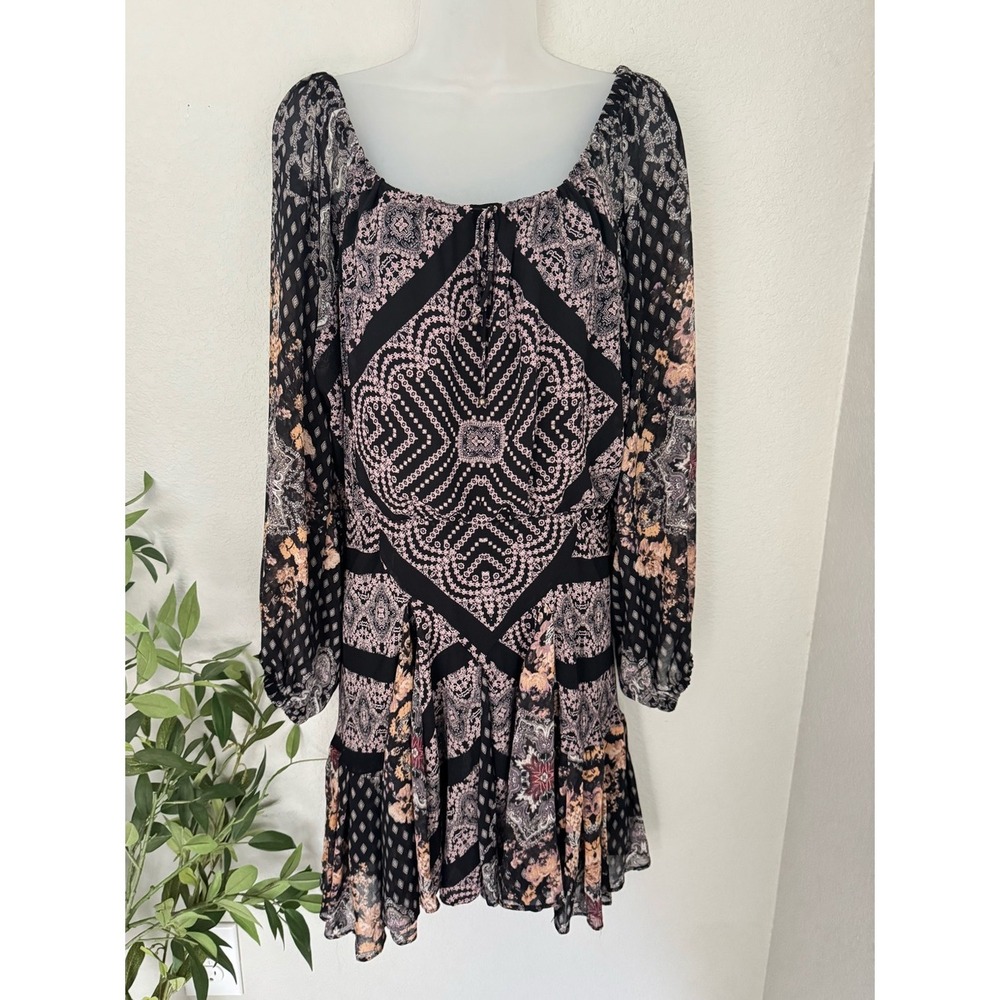 Free People Seven Wonders Mini Dress M Black Floral Open Back Boho Chiffon
